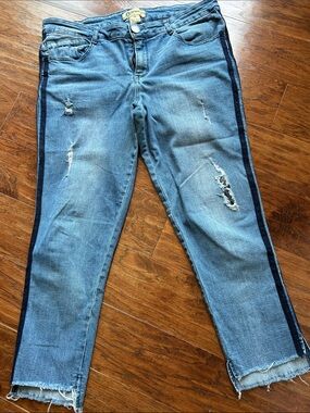 Democracy Distressed Light Blue Cropped Jeans with Navy Side Stripe
